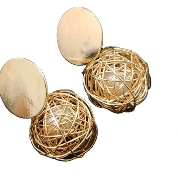 Gold Pearl Nest Drop Earrings - Picture 5 of 13